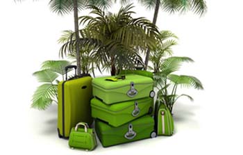 3D rendering of a pile of green luggage among exotic vegetation